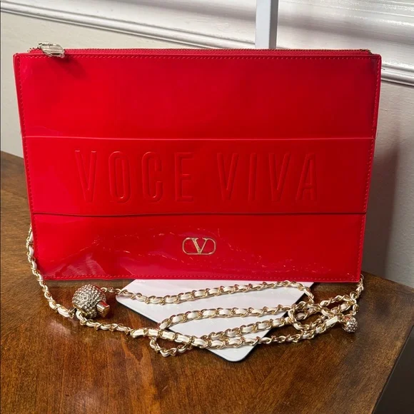 VALENTINO VOCE VIVA Red Patent Clutch with Elegant Gold Crossbody Chain - Picture 11 of 14
